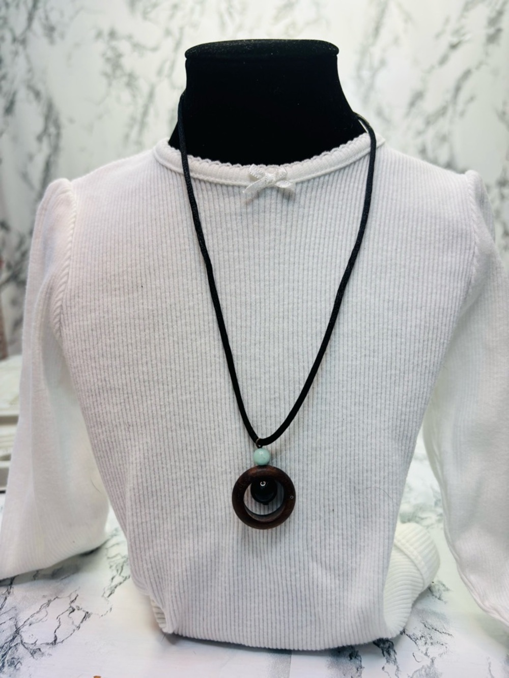 Handmade Brown Wood & Aqua Bead Pendant Necklace on Black Cord